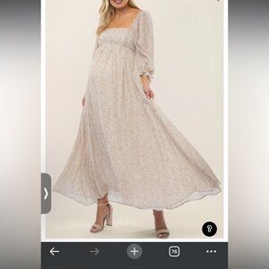 New! Pink Blush Maternity Beige Chiffon Printed Square Neck Empire Maxi Dress